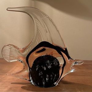 HQT Art Glass Fish Paperweight/Decor Black White Clear NWOT